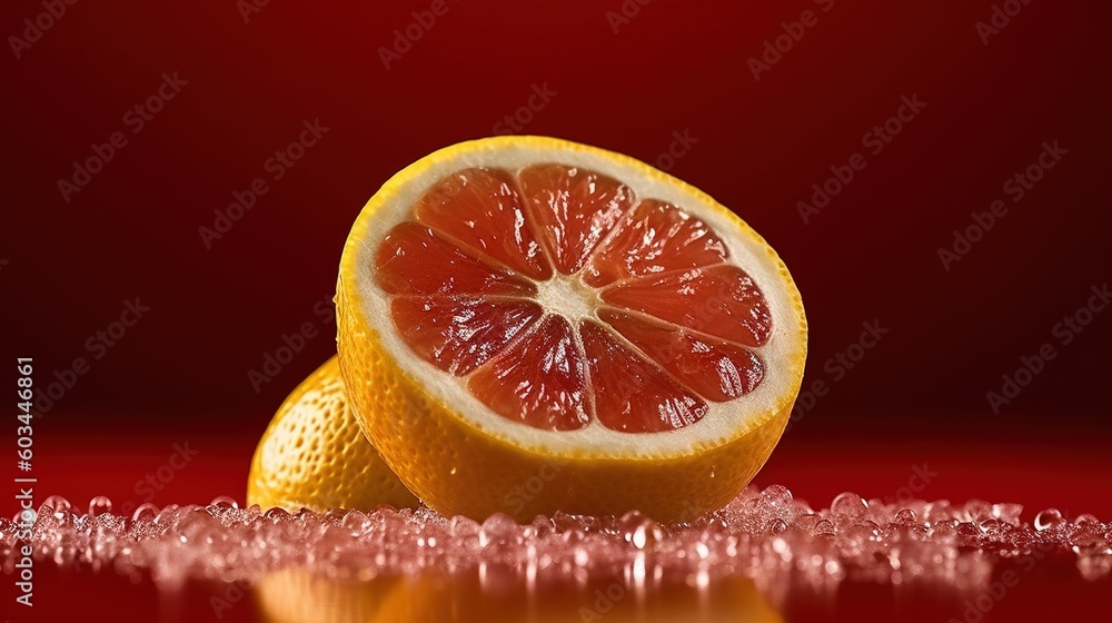 Poster a grapefruit cut in half sitting on a table with ice on it and a red background with a reflection of