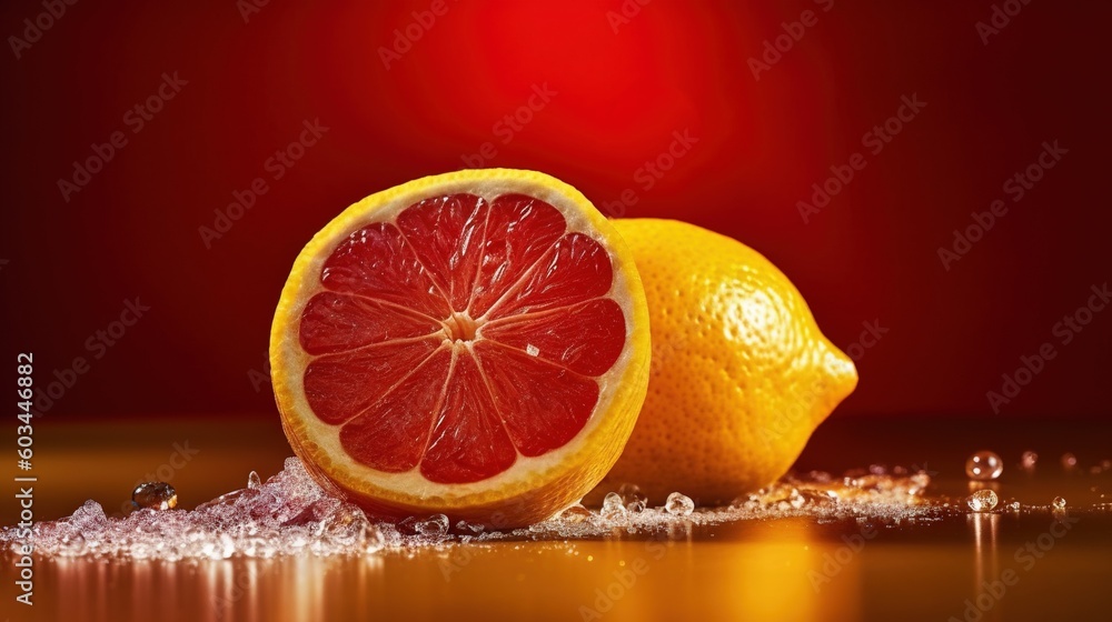 Poster a grapefruit cut in half sitting on a table next to another grapefruit on a shiny surface with water