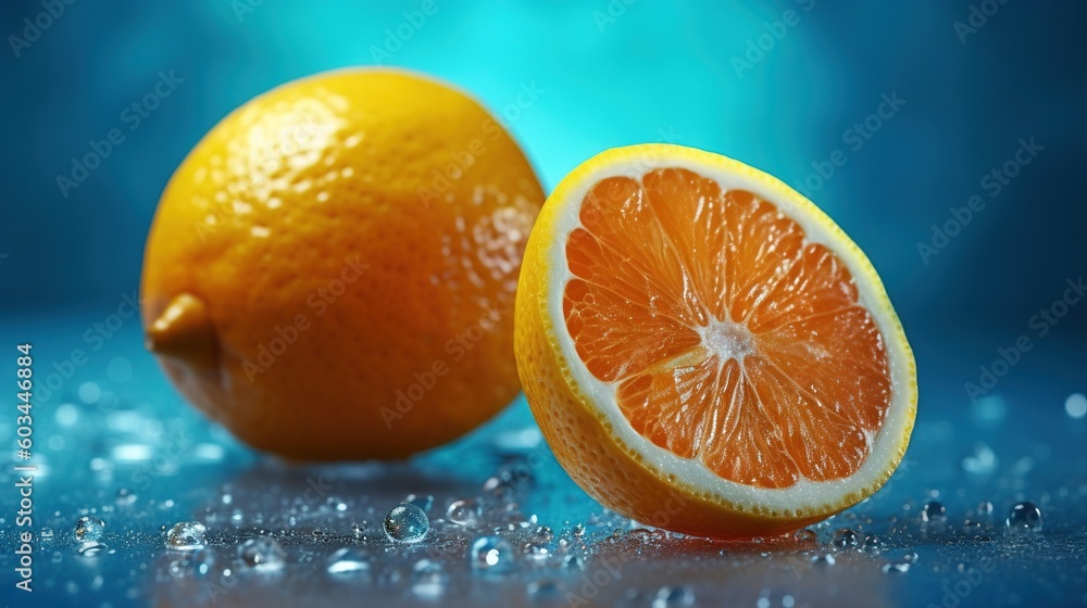 Poster a close up of two oranges on a table with drops of water on it and one cut in half and the other hal