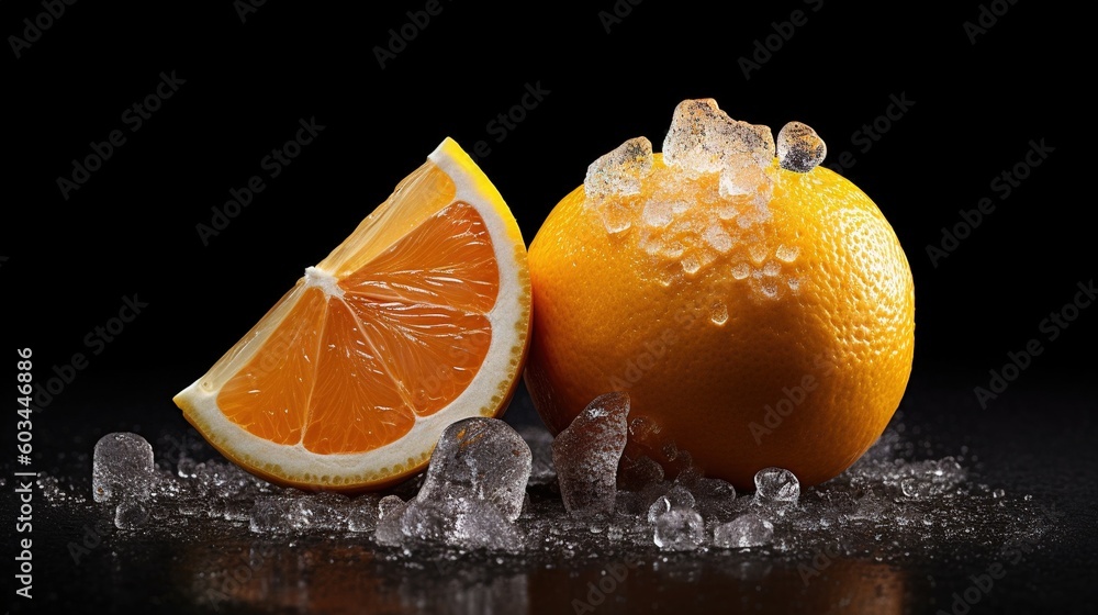 Poster an orange with ice on it and a slice of orange on the side of the photo with water droplets on the t