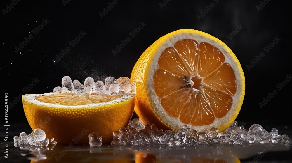 Poster an orange sliced in half with ice on the ground and on the ground next to it is a whole orange and a