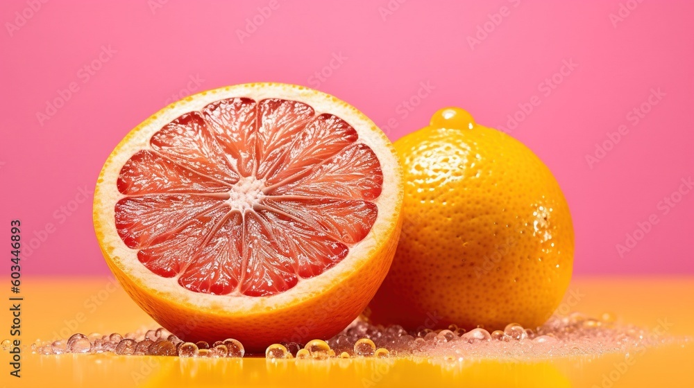 Poster a grapefruit and a grapefruit cut in half on a yellow surface with a pink background and a pink back