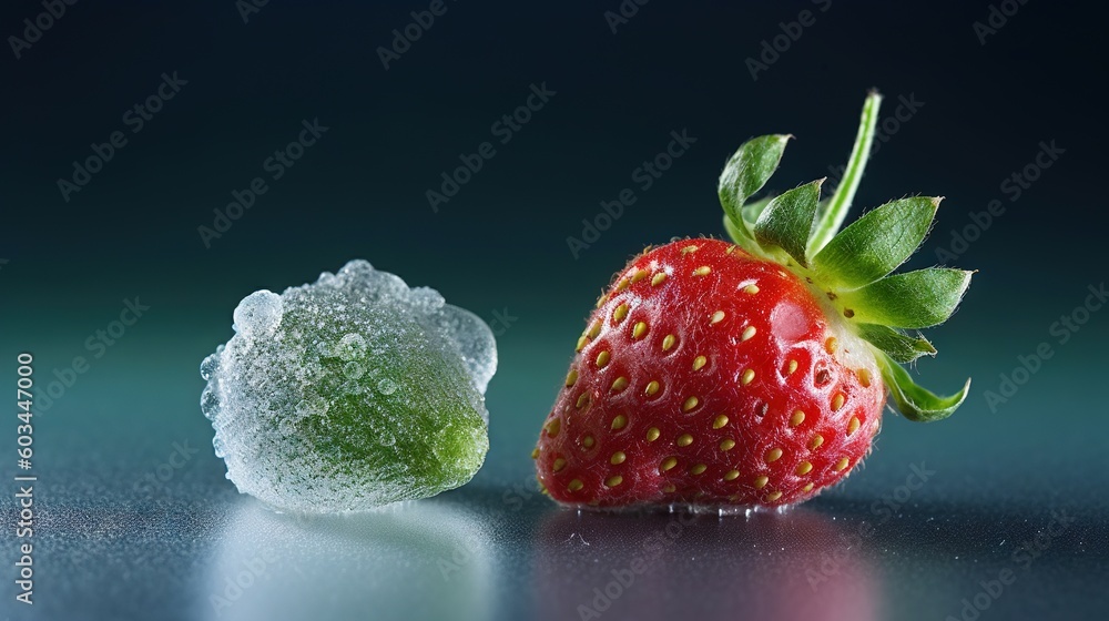 Poster a strawberry and a piece of fruit on a table with water droplets on the top of the fruit and on the 