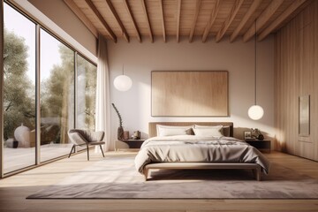 Beautiful Apartment Bedroom Interior with Wood Beam Ceiling and Sustainable Lifestyle Made with Generative AI