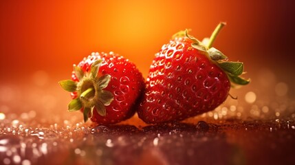  two strawberries sitting on top of a shiny surface with drops of water on them and a red background with a yellow light behind them.  generative ai