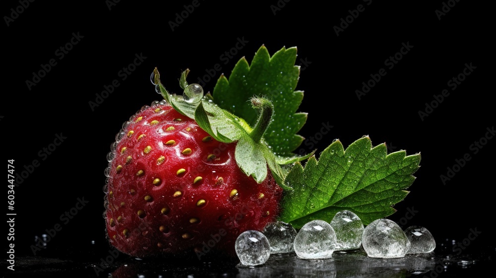 Poster a strawberry and some ice cubes on a black surface with a green leaf on top of the ice cubes on the 