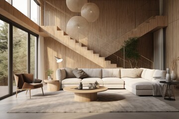 Natural Earth Inspired Modern Family Room Interior with White Linen Couch and Wood Coffee Table Made with Generative AI