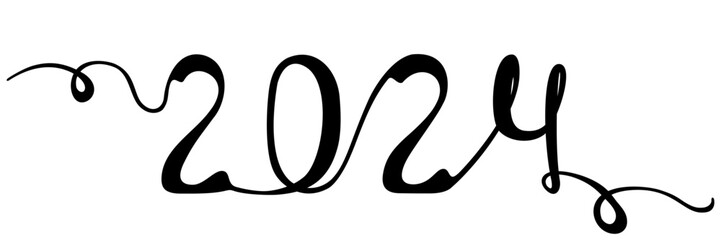 2024 handwritten inscription. One continuous line text for New Year 2024. Vector