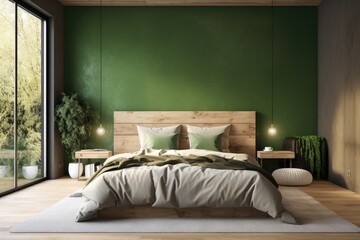 Staged Modern Green Bedroom Interior with Wood Bed Backboard and Hanging Pendant Lights Made with Generative AI