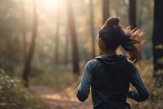 Portrait of Young woman or girl running in the forest with setting sun. The girl is doing sports. Generative AI