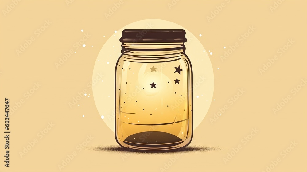 Poster a glass jar with stars on it sitting in front of a yellow background with a white circle around it a