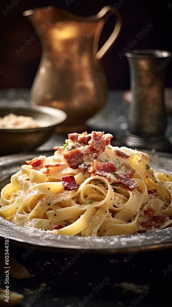 Poster a plate of pasta with bacon and cheese on it next to a pitcher of water and a plate of bread on a ta