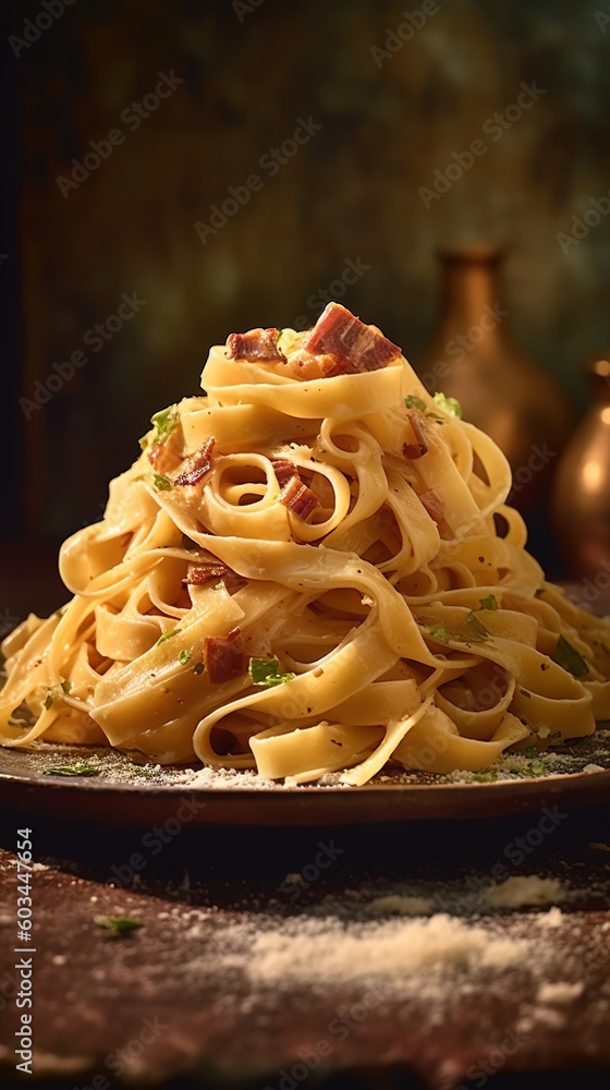 Poster a plate of pasta with bacon and parsley on a table with a vase of flowers in the backgrouf of the pl