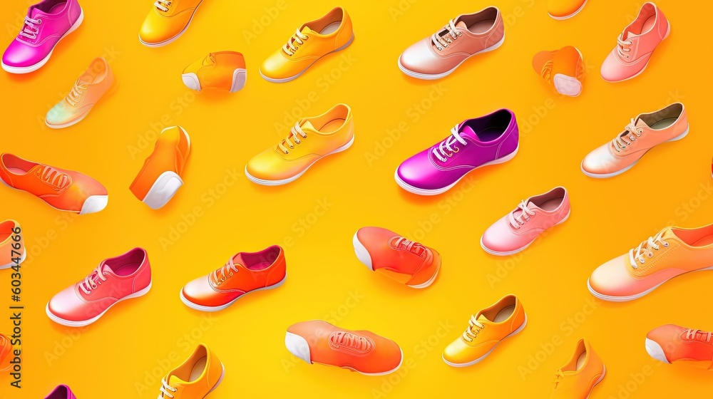 Aufkleber a bunch of different colored shoes on a yellow background with a yellow background and a white one i