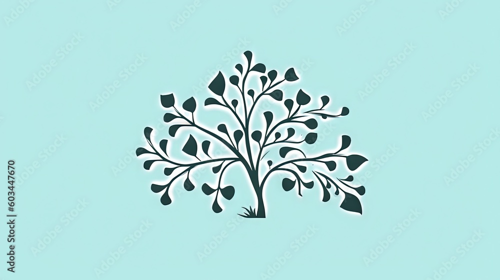 Poster a stylized tree with leaves on a light blue background with a shadow of leaves on the bottom of the 