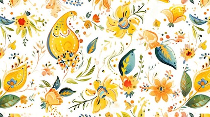  a white background with yellow and blue flowers and leaves on it, and a bird on the right side of the image, and a yellow and blue bird on the left side of the right.  generative ai