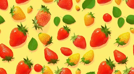  a lot of strawberries on a yellow background with green leaves and strawberries on the bottom of the image, with a yellow background of strawberries and leaves.  generative ai
