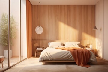 Sunny Modern Bedroom Interior in Spring with Wood Accent Wall and Orange Throw Made with Generative AI