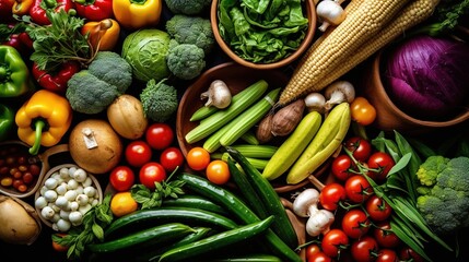  a large assortment of fresh vegetables including tomatoes, broccoli, corn, and other veggies are shown here in this image.  generative ai
