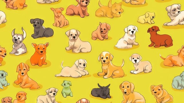  a group of puppies sitting next to each other on a yellow background with different colors of puppies on it's back legs.  generative ai