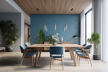 Fototapeta premium Summer Interior of Dining Table with Modern Finishes and Wood Ceiling Made with Generative AI