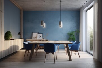 Interior of Dining Room Interior with Blue Accent and Console Table Made with Generative AI