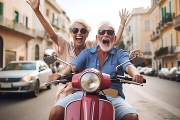 retired couple on scooter in Italy, Europe, happy seniors on holidays, created with Generative AI - obrazy, fototapety, plakaty