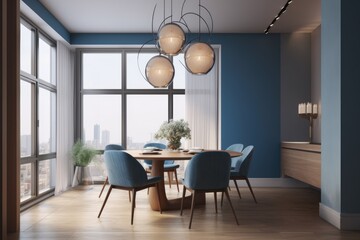 Penthouse Luxury Blue Dining Room Interior with Dining Table and Light Fixture Made with Generative AI