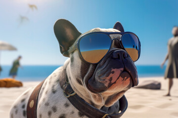 Generative AI illustration of Bulldog dog sitting on the sand at the beach on vacation wearing sunglasses