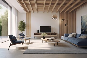 Naklejka na ściany i meble Clean and Calm Family Room Interior with Wood Ceiling and Blue Furniture Made with Generative AI