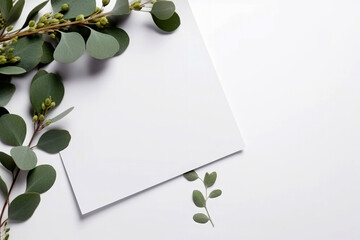 Generative AI illustration of Top view, Blank Wedding or events invitation card mockup in paste colors with natural eucalyptus twigs
