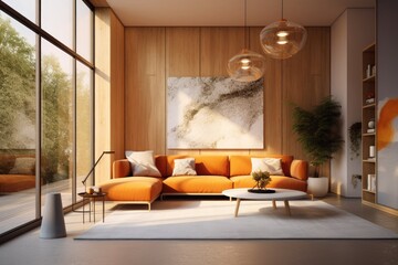 Mid Century Modern Orange Living Room Interior with Beautiful Light Fixtures and Wall Art Made with Generative AI