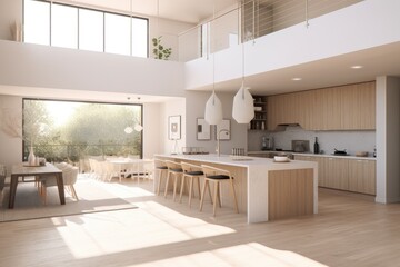 White Modern Kitchen Interior with Dining Area and Open Entertaining Space Made with Generative AI