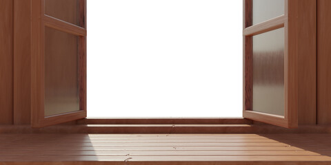 Empty wooden table and transparent background out of open window, product display template, PNG