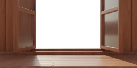 Empty wooden table and transparent background out of open window, product display template, PNG