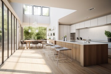 Fototapeta na wymiar Natural Sustainable Wood Kitchen with White Cabinets and Modern Interior Made with Generative AI