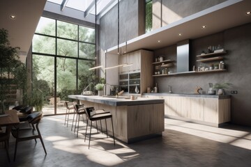 Fototapeta na wymiar Luxury Minimal Modern Kitchen Interior with Tall Black Modern Windows and Skylight Made with Generative AI