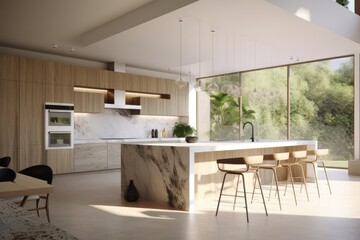 Spring Modern Kitchen Interior with Marble Waterfall Island with Wood Bar Stools and Nature Views Made with Generative AI