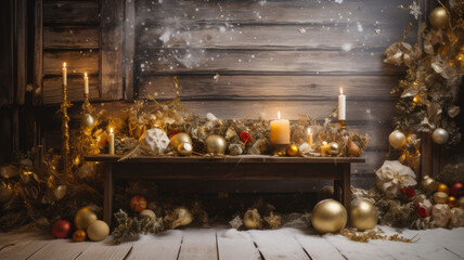 Fototapeta na wymiar Christmas background. Christmas composition on a wooden background. Christmas house with tree and wooden surface with bokeh lights. Free space for text, Copyspace. Generative AI