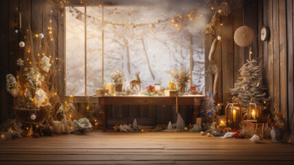 Christmas background. Christmas composition on a wooden background. Christmas house with tree and wooden surface with bokeh lights. Free space for text, Copyspace. Generative AI