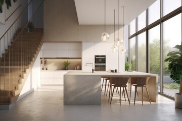 Fototapeta na wymiar Spring Modern Kitchen Interior with Waterfall Marble Island and Furniture Made with Generative AI