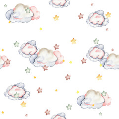 Watercolor hand painted stars and clowds seamless pattern. Illustration isolated on white background. Design for fabric, baby shower party, birthday, cake, holiday design, greetings card, invitation.