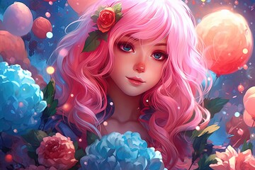 Capturing the Charm of Colorful Anime A Portrait Painting of a Girl with Pink Hair Generative AI