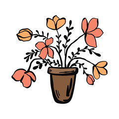 A blooming flower in a pot. Flowers in a pot. Flower seedlings for the garden. Planting season. Spring illustration. Homemade flower in a cachet. Hand drawn doodle vector. Isolated on white background