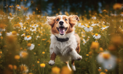 Playful and happy dog runs through a flower field