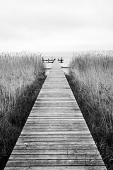 Obraz premium Serene wooden landing stage on a cloudy day at the Ammersee Lake in Bavaria, southern Germany