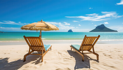 Summer landscape of a parasol and sunbed in an amazing ocean beach resort.