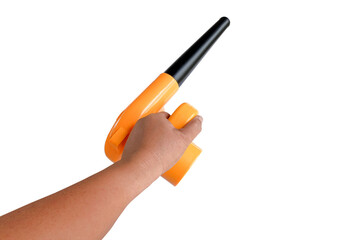 Hand hold Yellow blower tool isolated on white background ,clipping path.