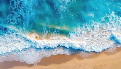 Fototapeta na wymiar Background drone view of ocean waves on the tropical beach. Seashore waves of a hot summer day in the nature