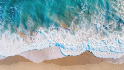 Obraz premium Background drone view of ocean waves on the tropical beach. Seashore waves of a hot summer day in the nature